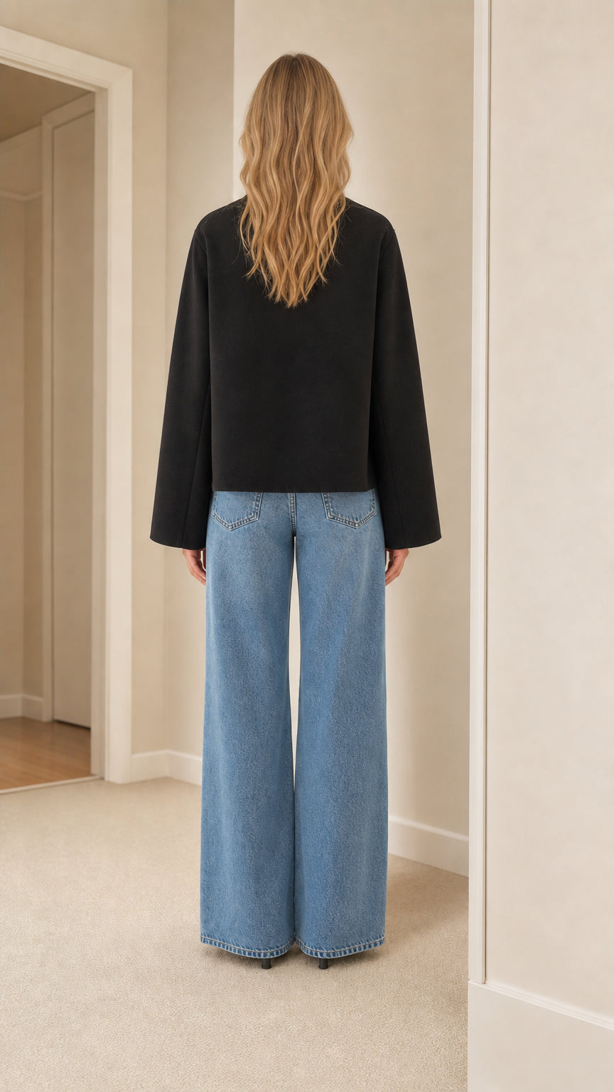 Back view of model wearing black cropped stand collar jacket