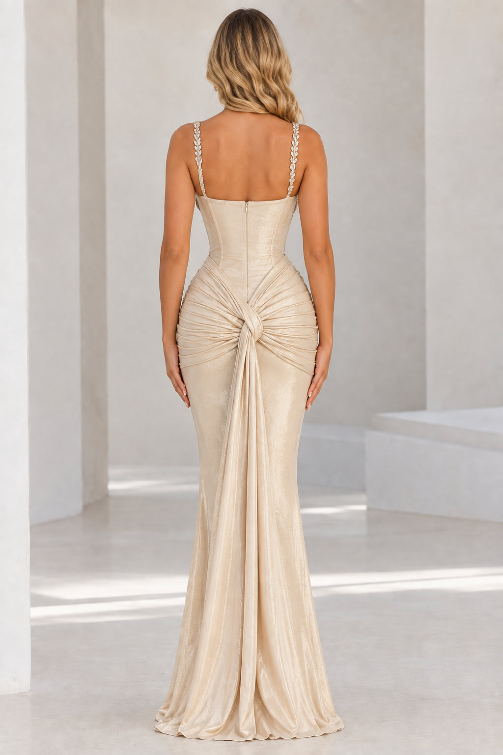 Champagne ruched mermaid gown with draped back detail