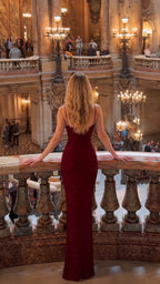 Back view of sparkling burgundy maxi gown showing the low back and concealed zipper closure