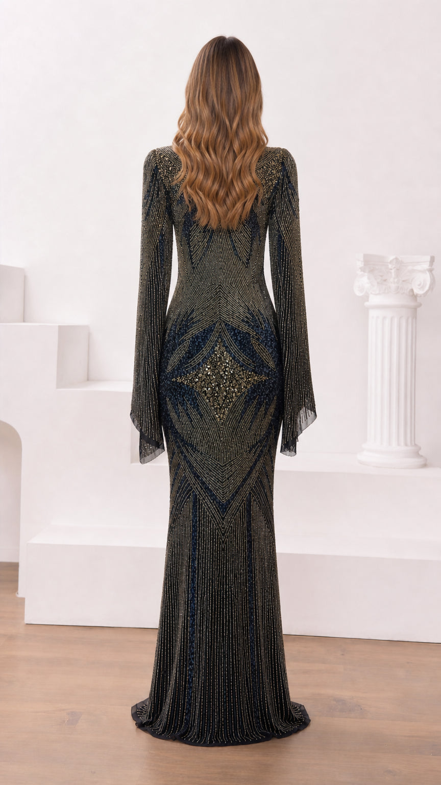 Back view of Midnight Charcoal embellished evening gown with floor-length hem