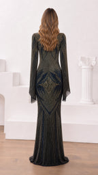 Back view of Midnight Charcoal embellished evening gown with floor-length hem