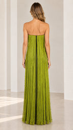 Back view of model in floor-length strapless olive green fringe dress