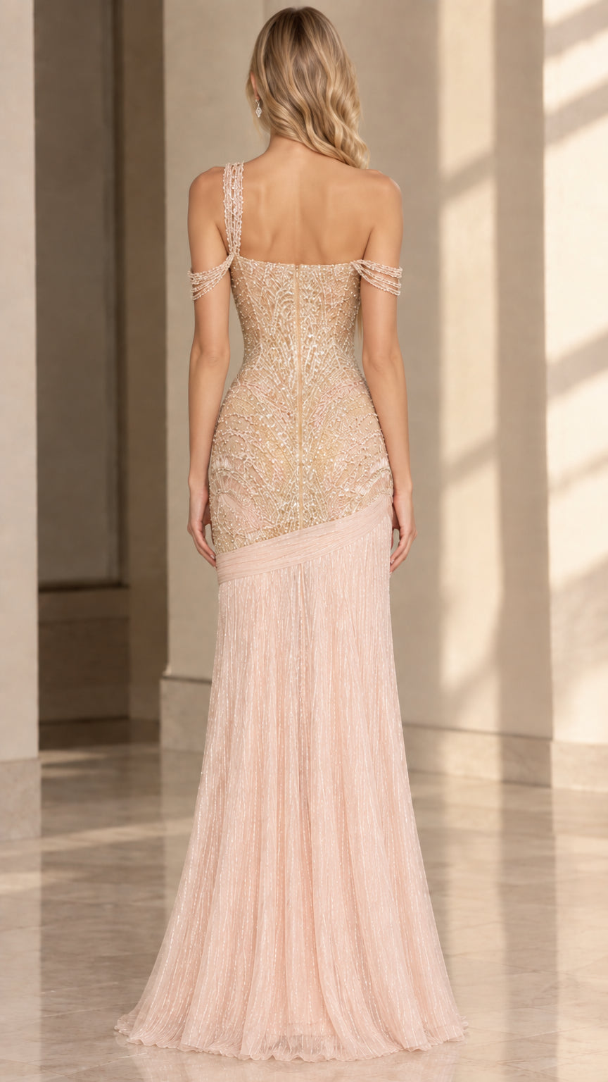 Back view of model wearing Blush Pink one-shoulder sequin embellished evening dress