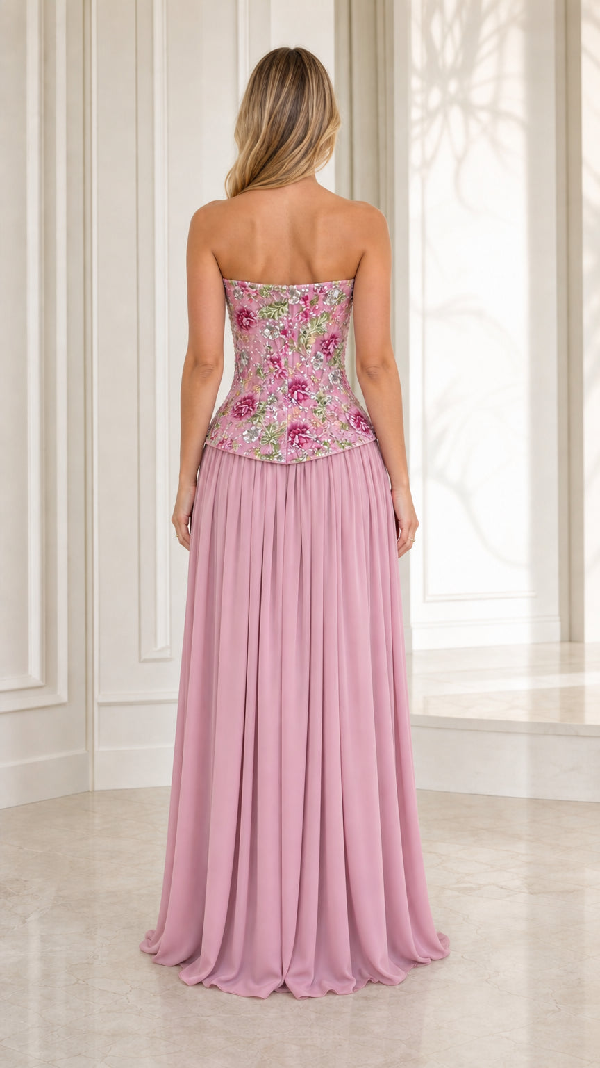 Back view of mauve basque waist strapless evening gown