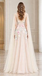 Back view of Champagne A-line evening gown with illusion V-back and cape detail