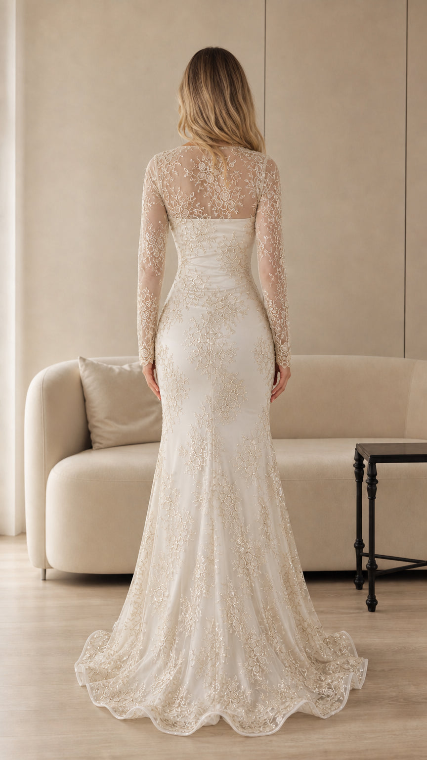 Champagne ivory lace evening dress back view with sweep train