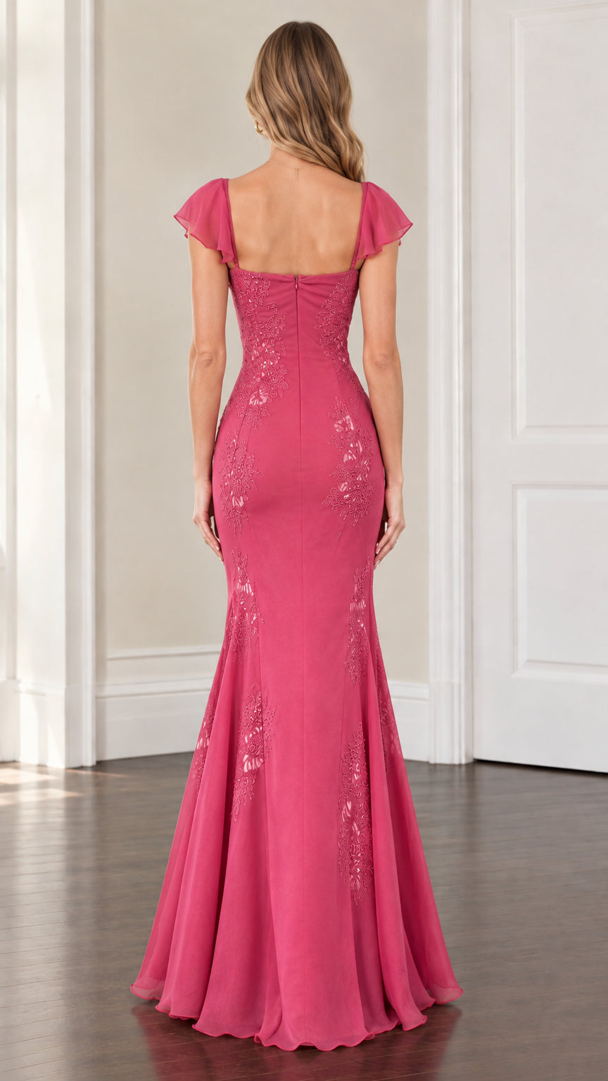 Back view of model in fuchsia evening gown featuring square back and flared skirt