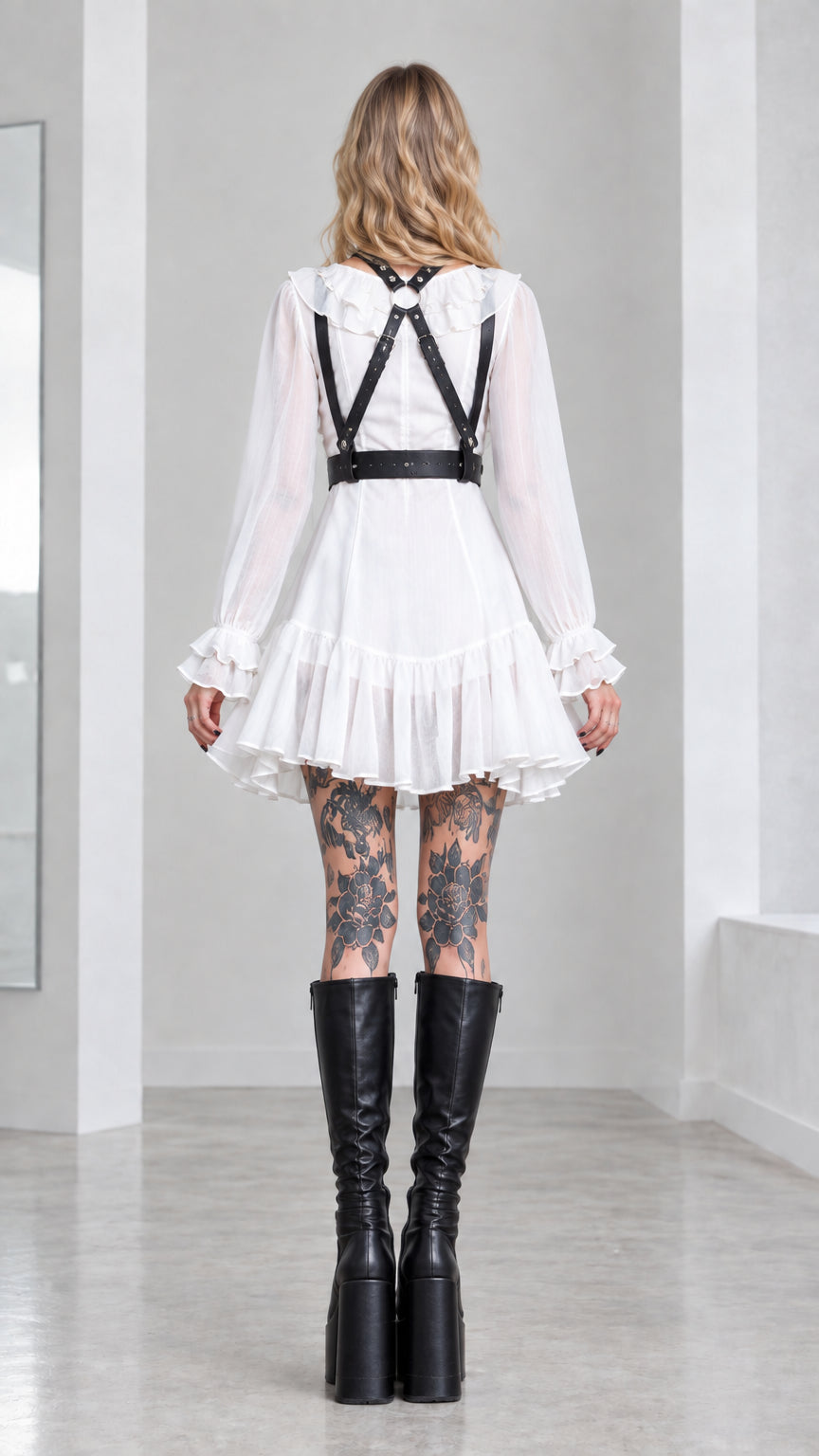 Back view of woman wearing white mini dress showing the cross-back O-ring harness detail