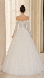 Back view of ivory off-the-shoulder long sleeve bridal gown