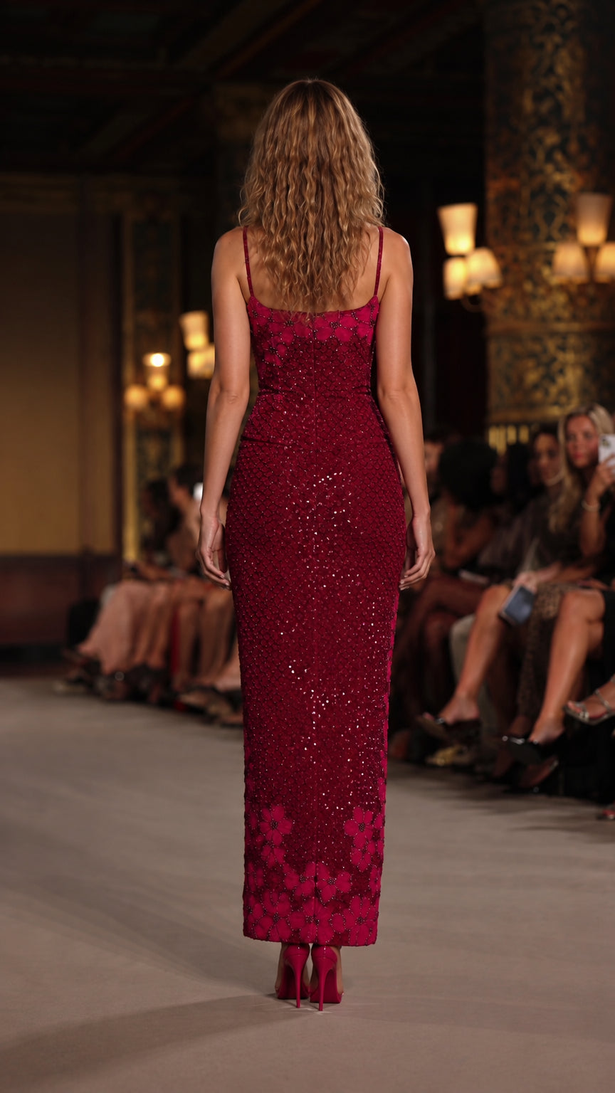 Back full-length view of Wine Red sequin column gown on runway