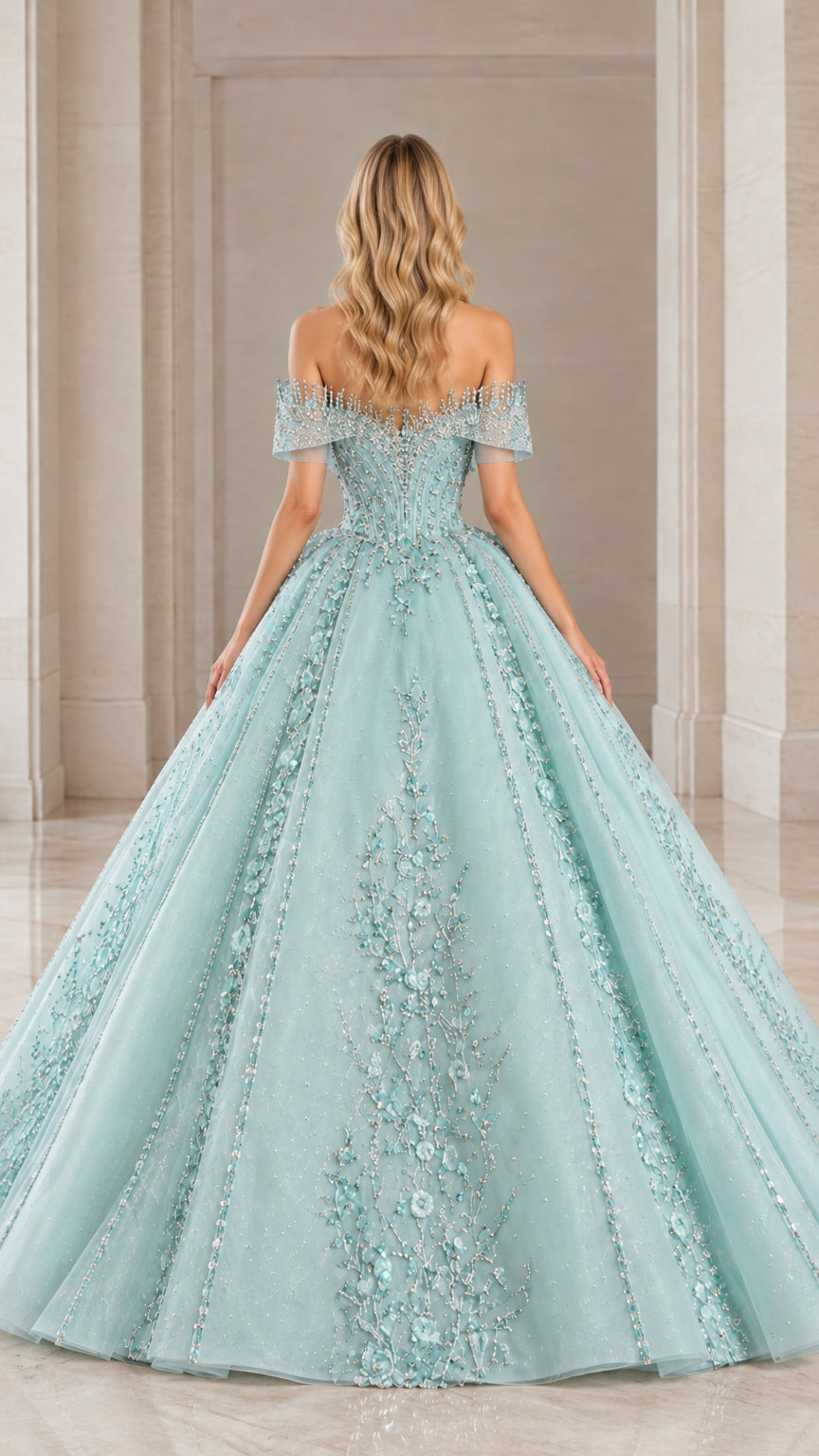Back view of mint green off-the-shoulder tulle evening dress