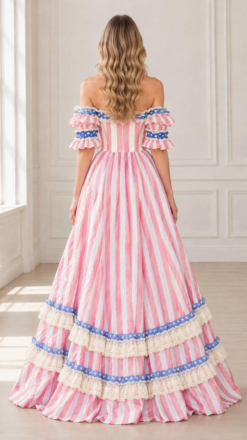 Back view of model showcasing striped back bodice and flared tiered ruffle ball gown skirt