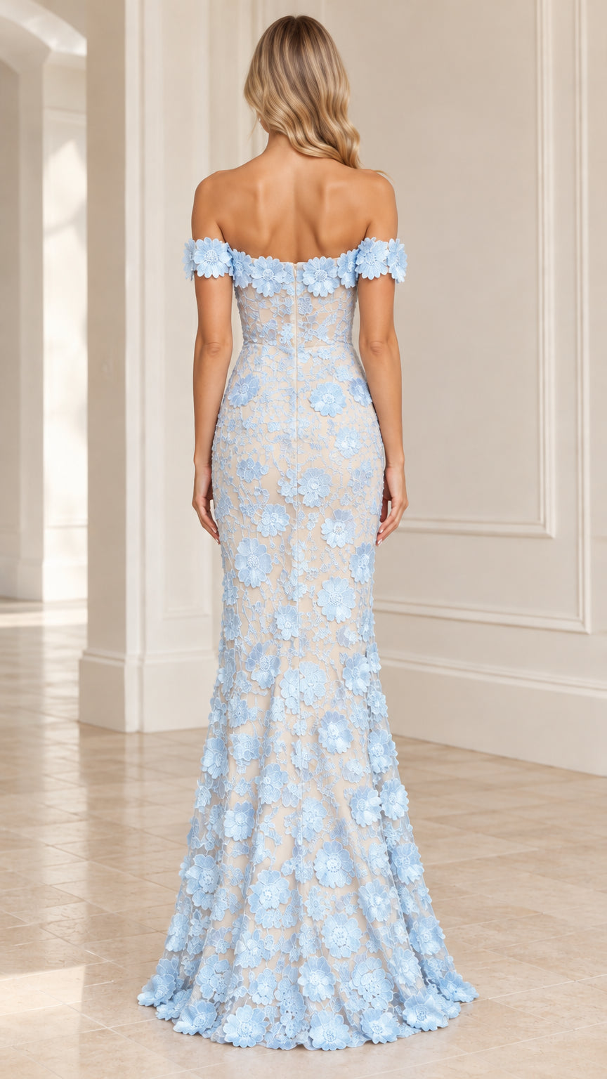 Back full-length view of Light Blue off-the-shoulder formal gown with floral details