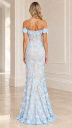 Back full-length view of Light Blue off-the-shoulder formal gown with floral details