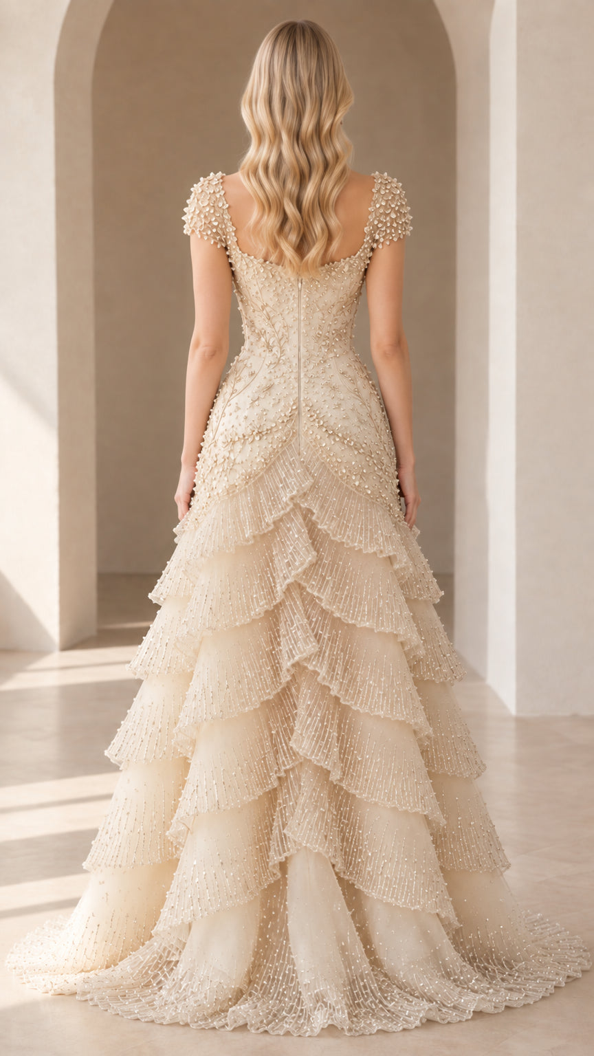 Champagne tiered ruffle evening gown back view showing extended train