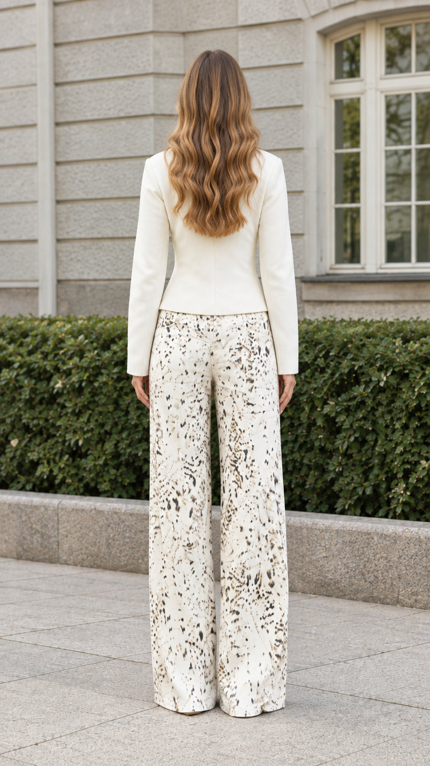Back view of model wearing off-white jacket and fluid printed wide-leg pants