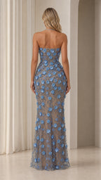Back view of strapless dusty blue 3D floral evening dress