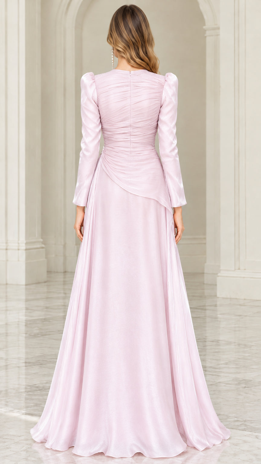 Back view of blush pink evening dress highlighting back ruching and concealed zipper