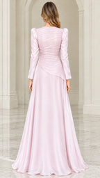 Back view of blush pink evening dress highlighting back ruching and concealed zipper