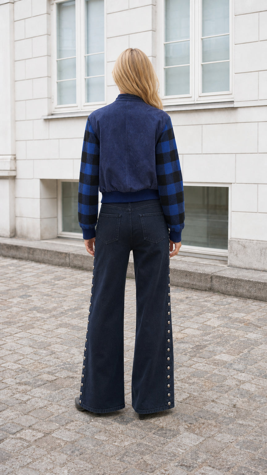 Back view of model showcasing Navy Blue faux suede bomber jacket fit