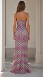 Back view of Fuchsia Pink crystal embellished maxi gown