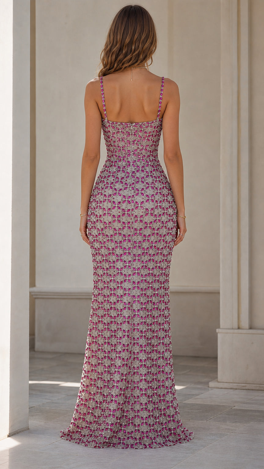Back view of Fuchsia Pink crystal embellished maxi gown