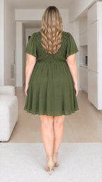 Plus size olive green short flutter sleeve dress back view