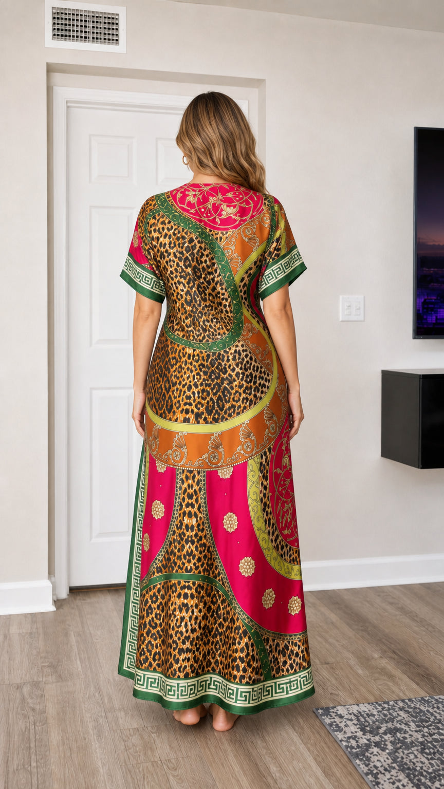 Back view of woman wearing Fuchsia baroque leopard pattern satin lounge dress