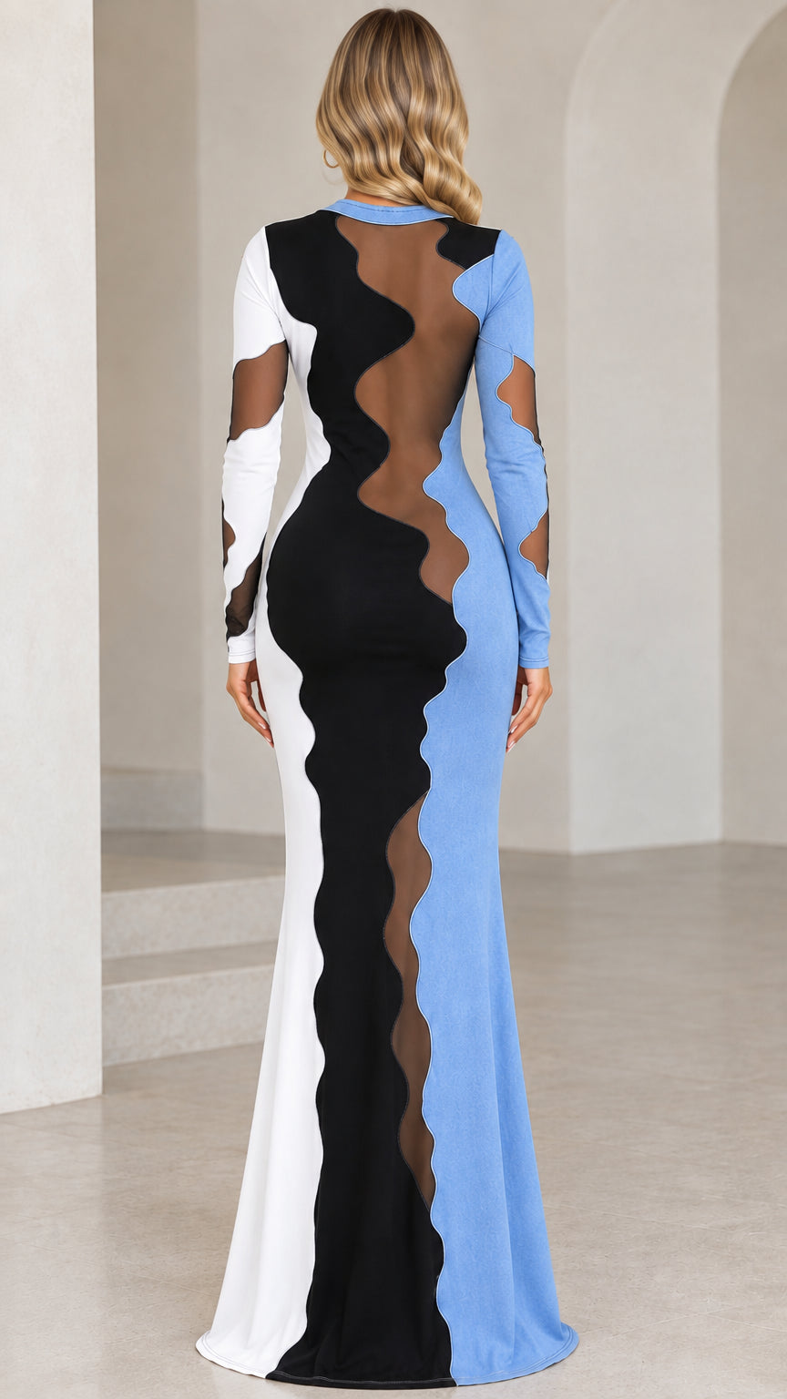 Back view of model in Light Blue abstract colorblock maxi dress with transparent mesh panels