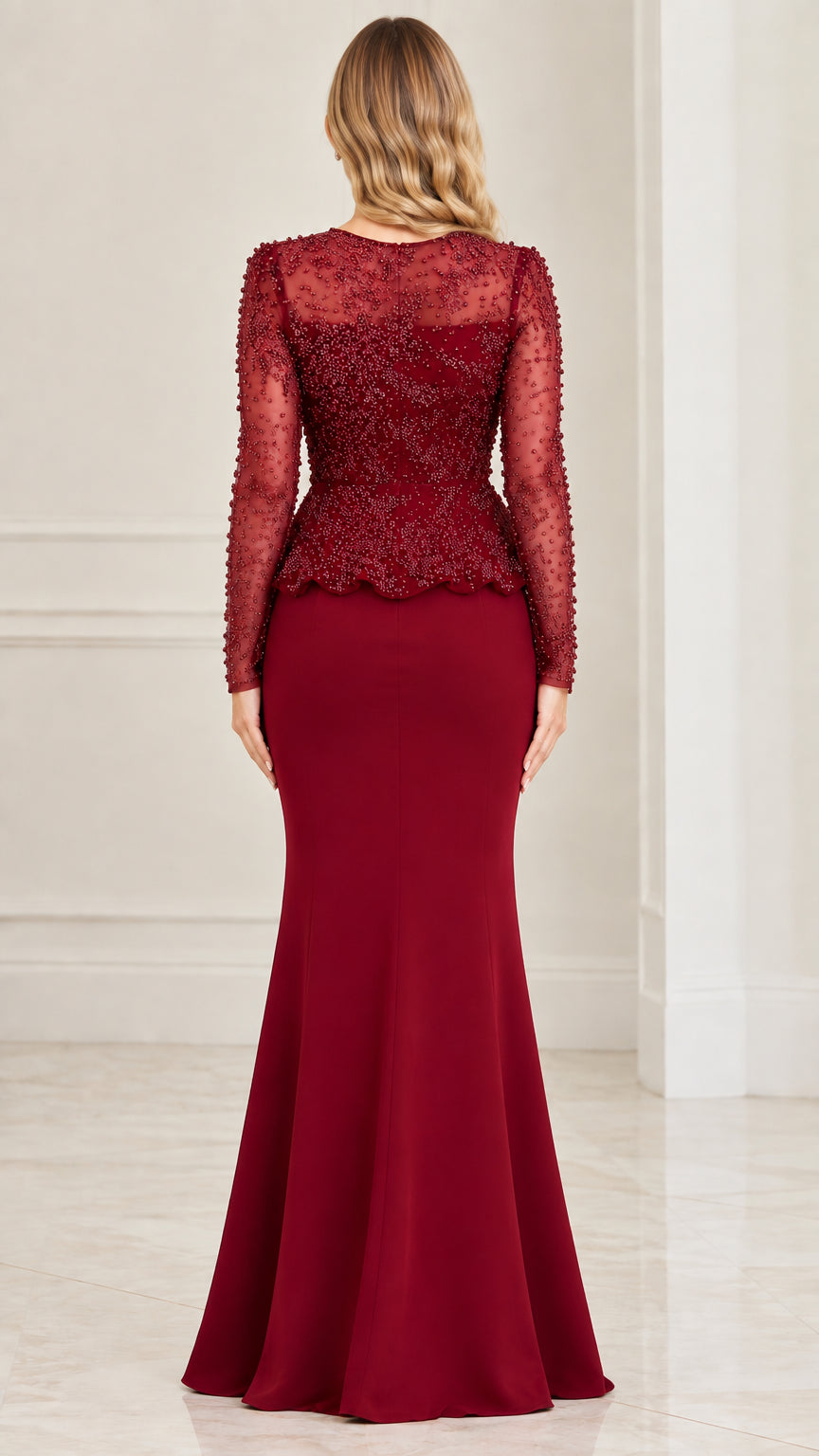 Back full-length view of burgundy long sleeve peplum evening dress