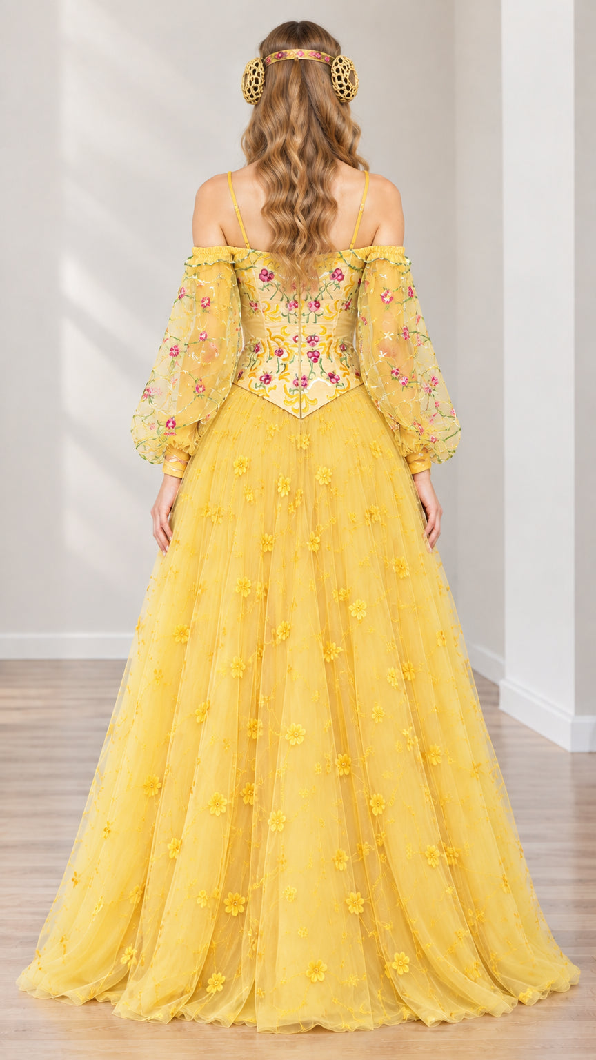 Back view of yellow floral embroidered medieval ballgown with cold-shoulder straps