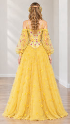 Back view of yellow floral embroidered medieval ballgown with cold-shoulder straps