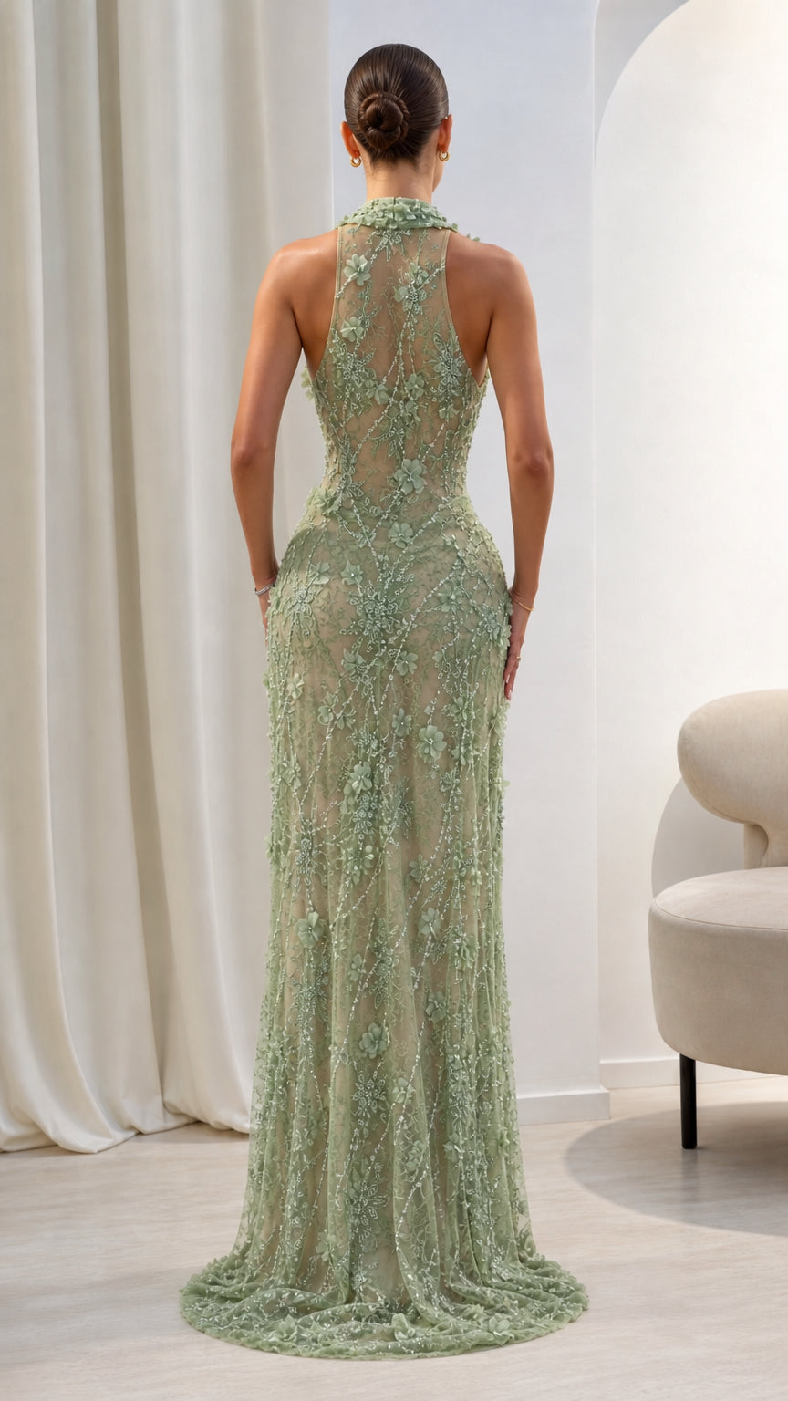 Sage green halter lace maxi gown back view with sheer racerback detailing