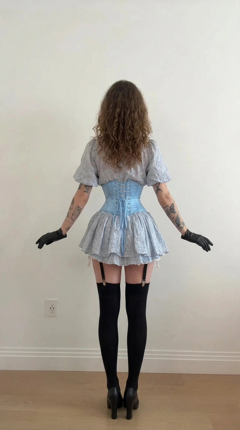 Back view of light blue floral dress highlighting the grommet lace-up corset belt closure