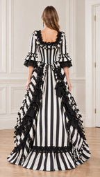 Rear view of black and white striped period dress highlighting fitted back bodice and sweeping skirt