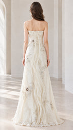 Back view of ivory strapless evening gown highlighting clean back closure