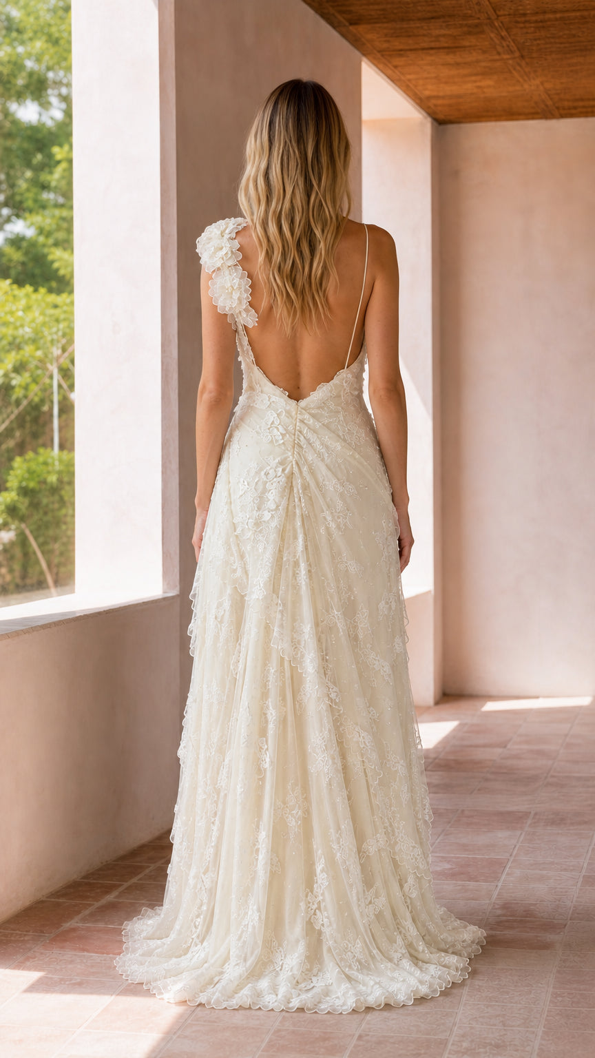 Back view of woman wearing ivory open-back lace gown with delicate straps and flowing train
