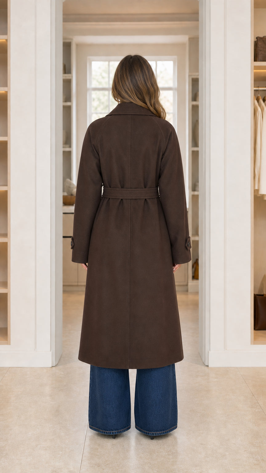 Back view of chocolate brown tailored long belted overcoat on model