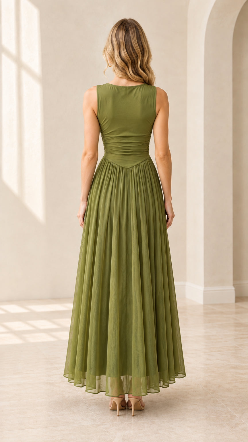 Olive green high neck pleated maxi gown back view