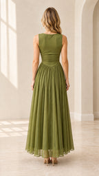Olive green high neck pleated maxi gown back view