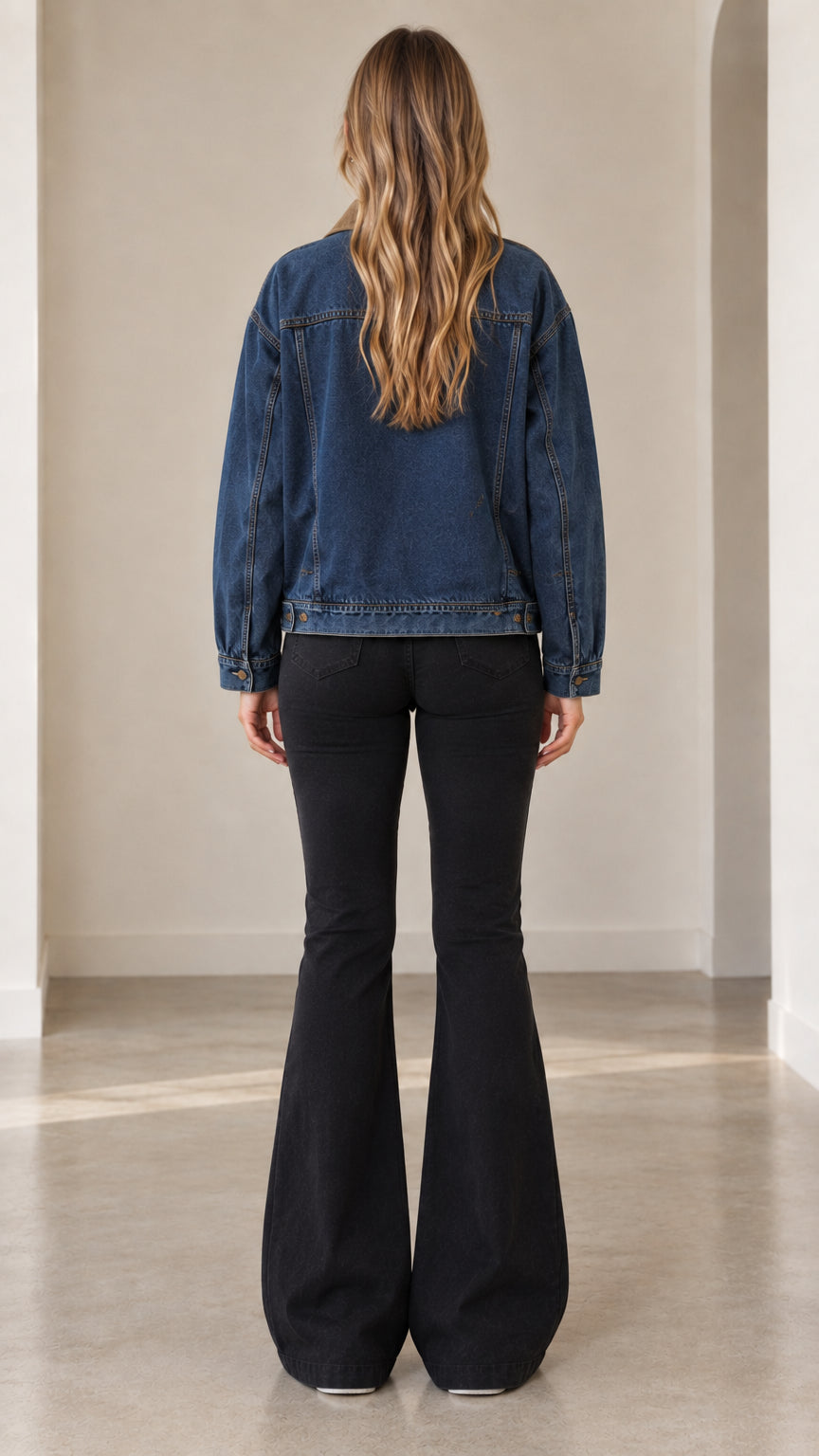 Back view of model wearing blue zip-up denim jacket