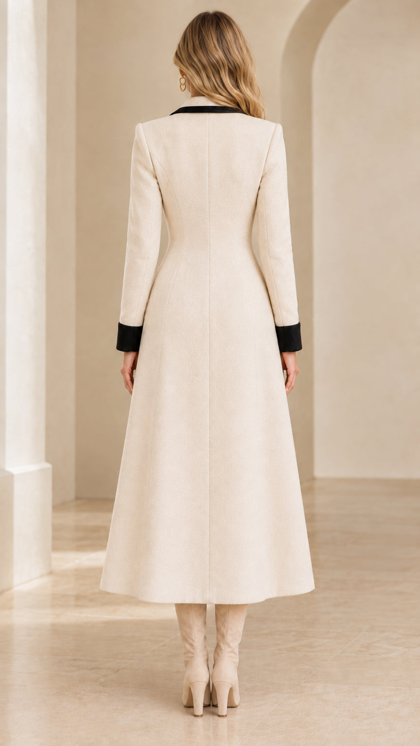 Rear view of cream tailored maxi coat showing clean waistline and flared skirt