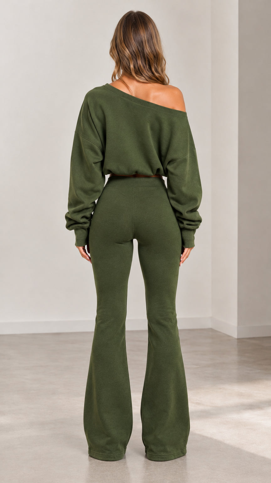 Back full-body view of off-shoulder cropped sweater and flare trousers set in army green