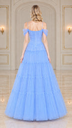 Light blue tiered tulle formal gown back view showing zipper and straps