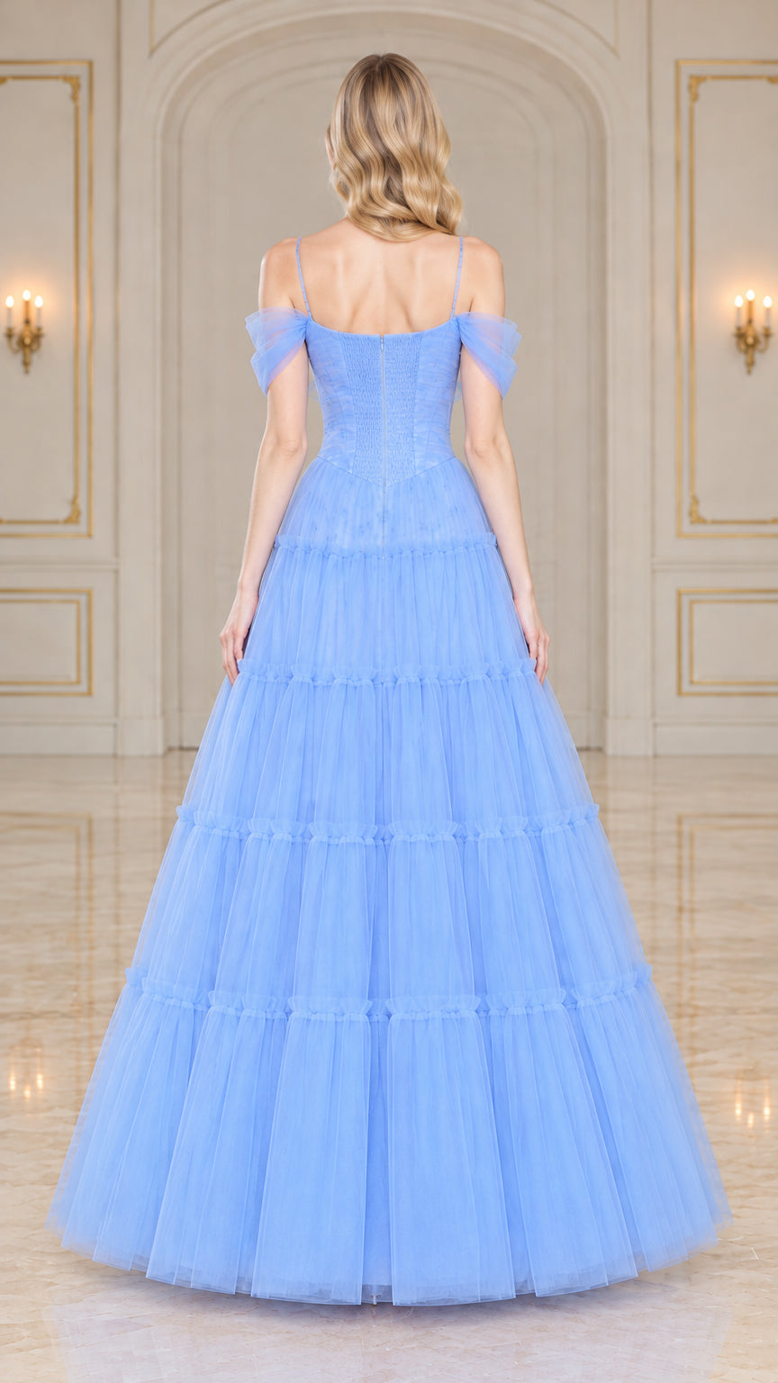 Light blue tiered tulle formal gown back view showing zipper and straps