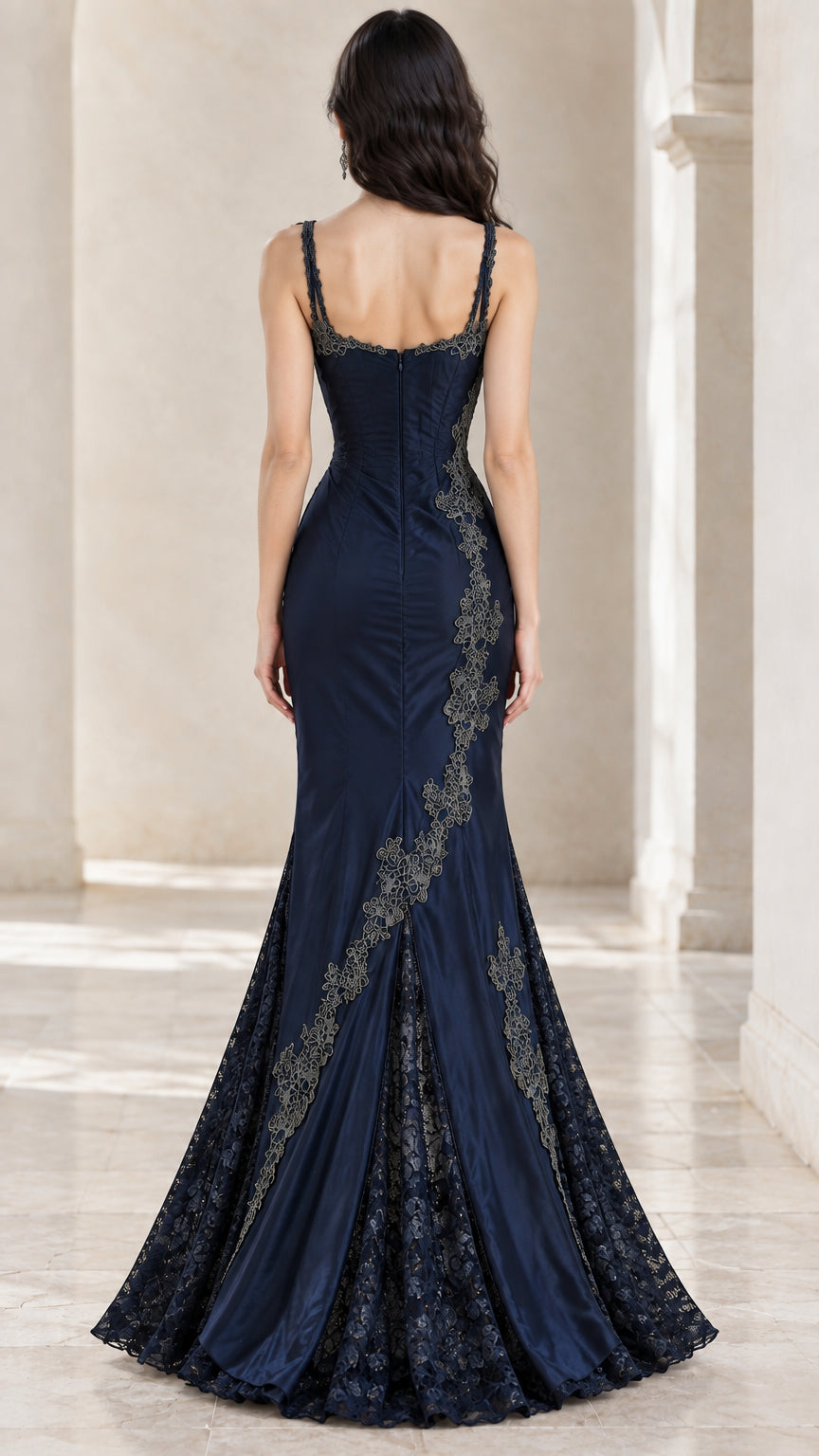 Back view of model wearing Navy Blue embroidered lace satin mermaid gown