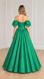 Back view of emerald green ball gown highlighting the lace-up corset back closure