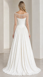Back view of ivory white illusion pearl evening gown showing low scoop illusion back