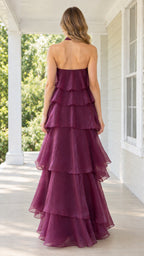 Back view of burgundy halter neck maxi dress showing open back design