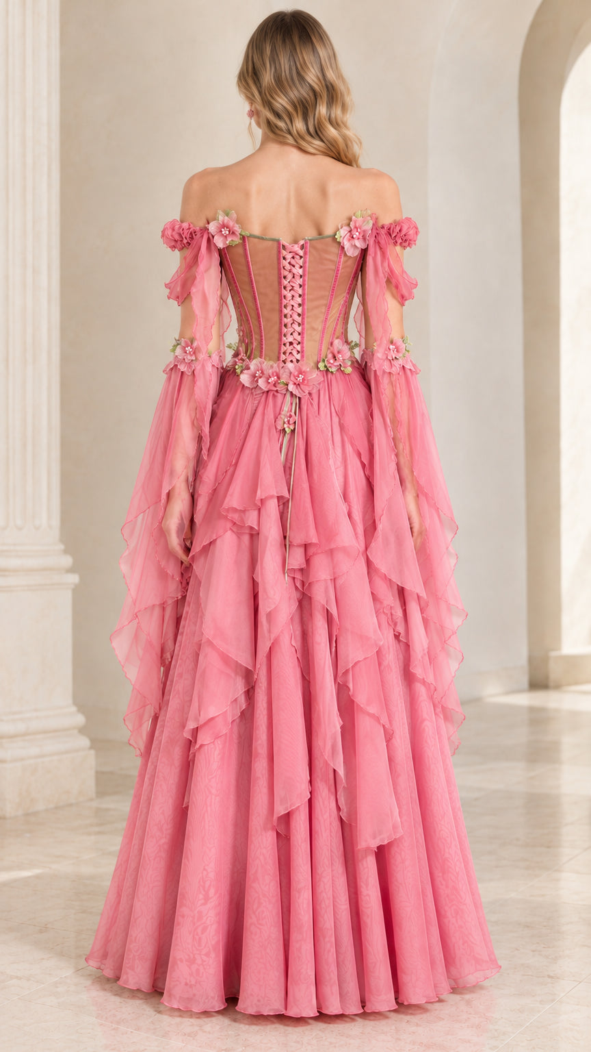 Back view of model in pink corset evening dress showing adjustable lace-up back closure